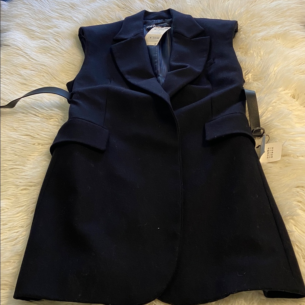 Zara Wool Dress Black  Sleeveless size M length 39” bust 34” belt around waist - Picture 8 of 8